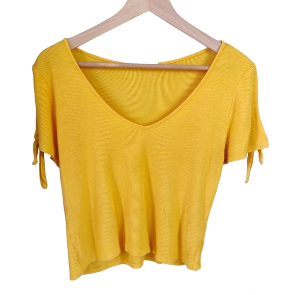 Ardene Bright Yellow Ribbed Tie-Sleeve Top Large - Picture 1 of 9